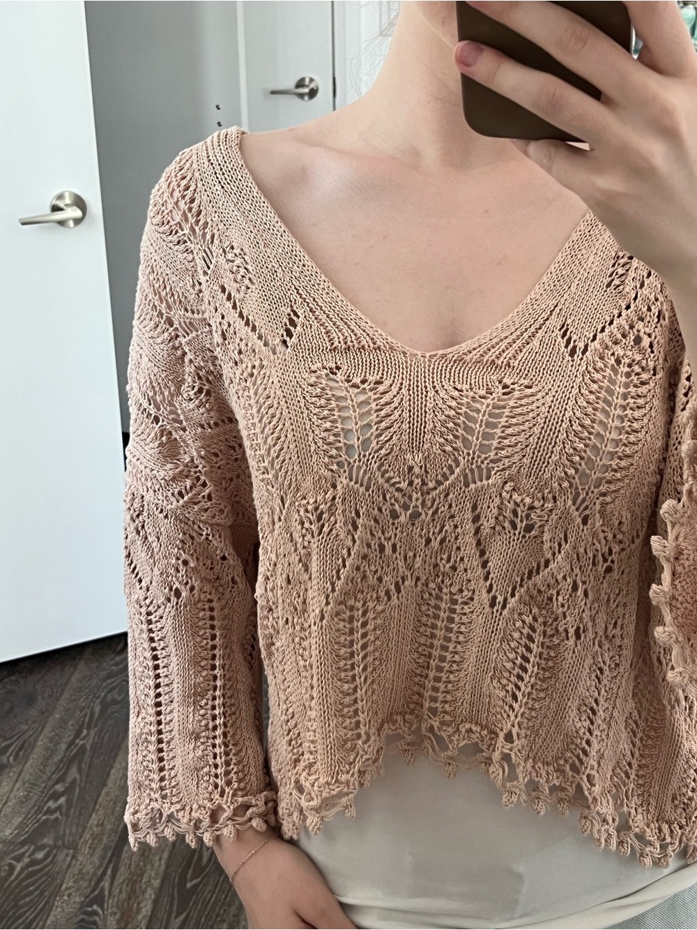 Zara Open-Knit V-Neck Crochet Summer Sweater in Blush Pink
